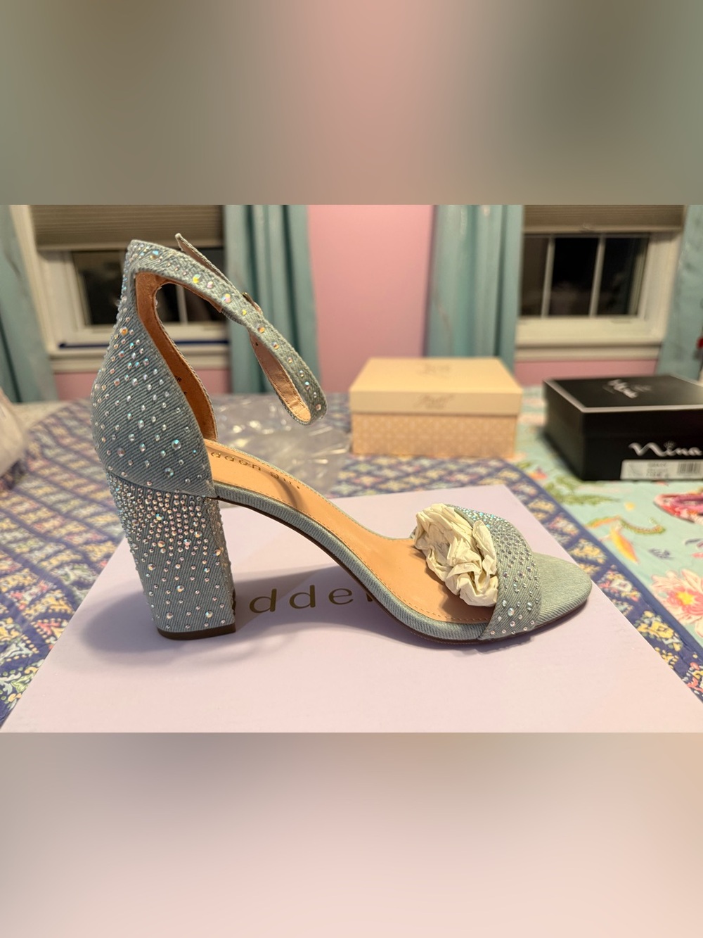 Madden Girl Beella Light Blue Denim Rhinestone Block Heel - NWT Size 7.5